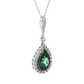 14K White Gold Emerald and Diamond Halo Pendant Necklace