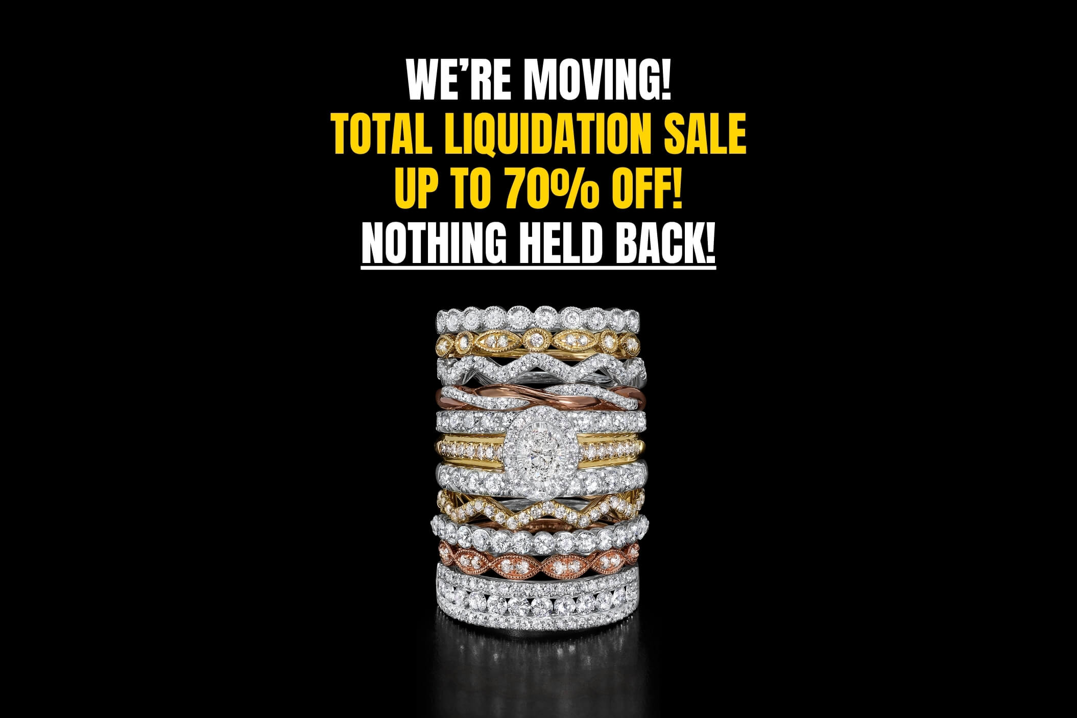Jewelry sale advertisement with rings and text on a black background